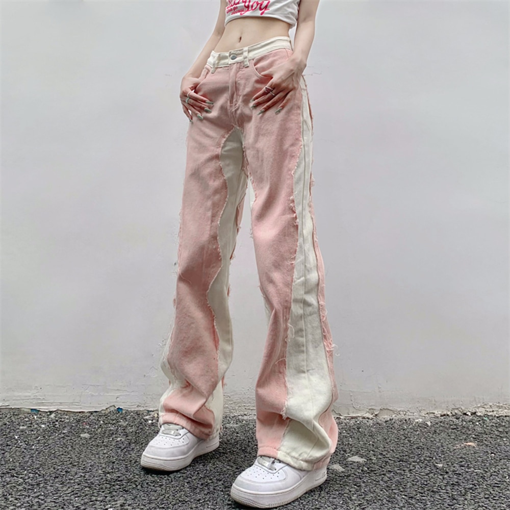 Pink Women&s Jeans Wide Leg Pants High Waist Baggy Vintage Straigh Denim Pants Casual Street Hip Hop Fashion Mom Den